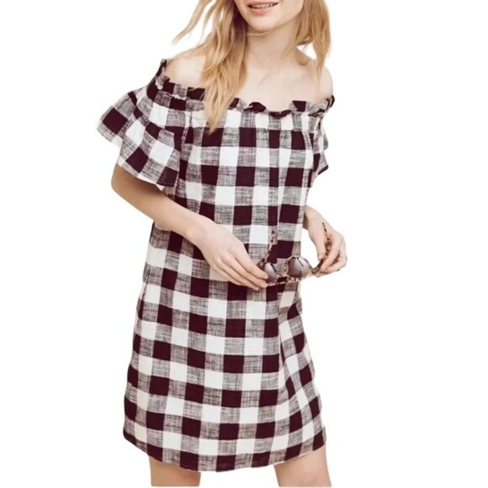 Corey Lynn Calter Gingham Plaid Linen Blend Off Shoulder Mini Dress Size Small